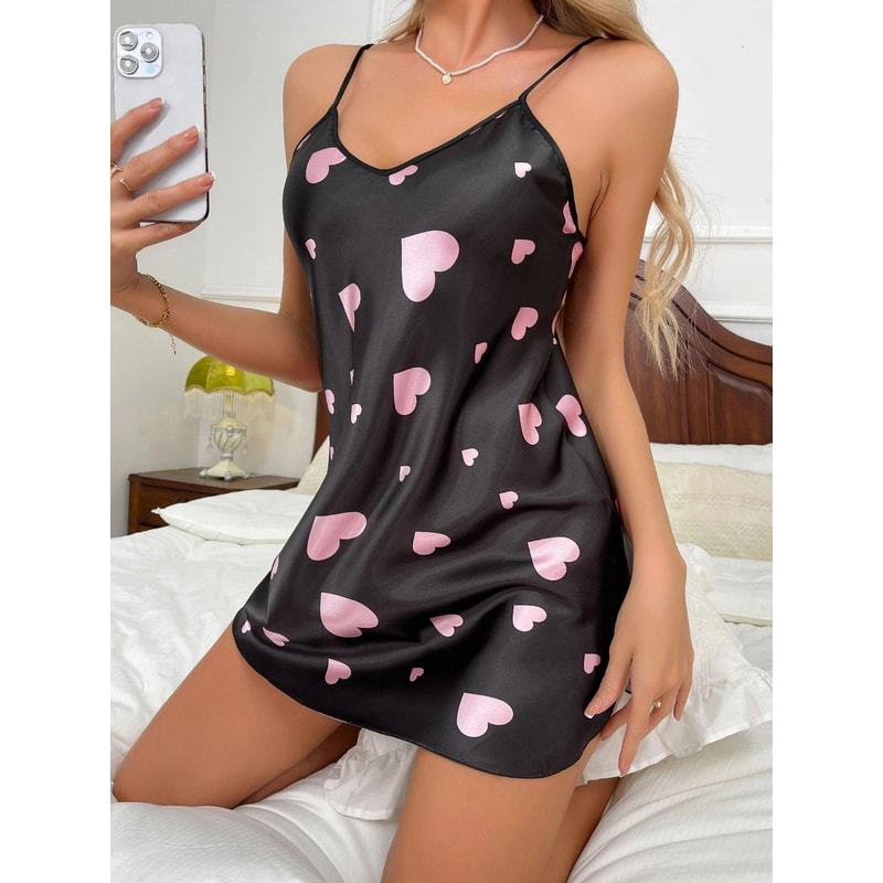 Elegant HeartPrint Satin Nightdress VNeck Slip Loungewear 1