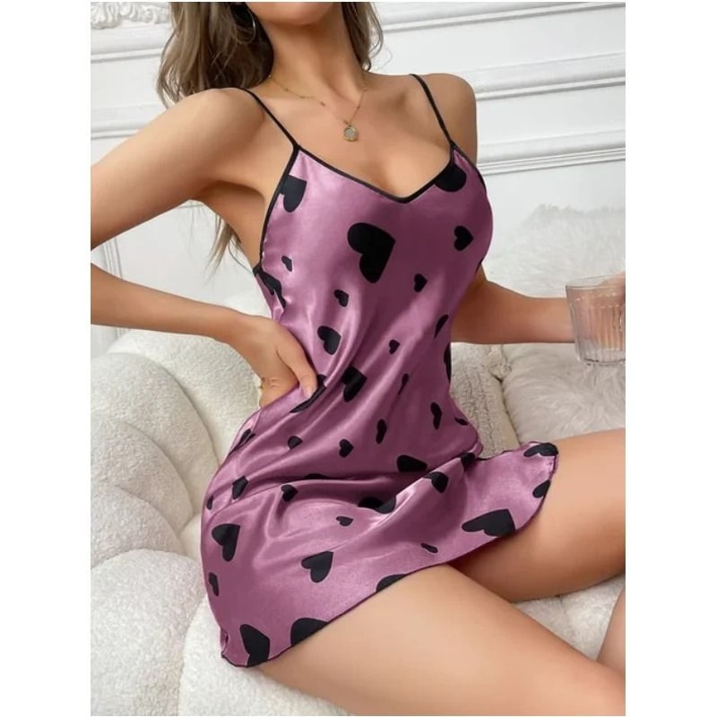 Elegant HeartPrint Satin Nightdress VNeck Slip Loungewear 10