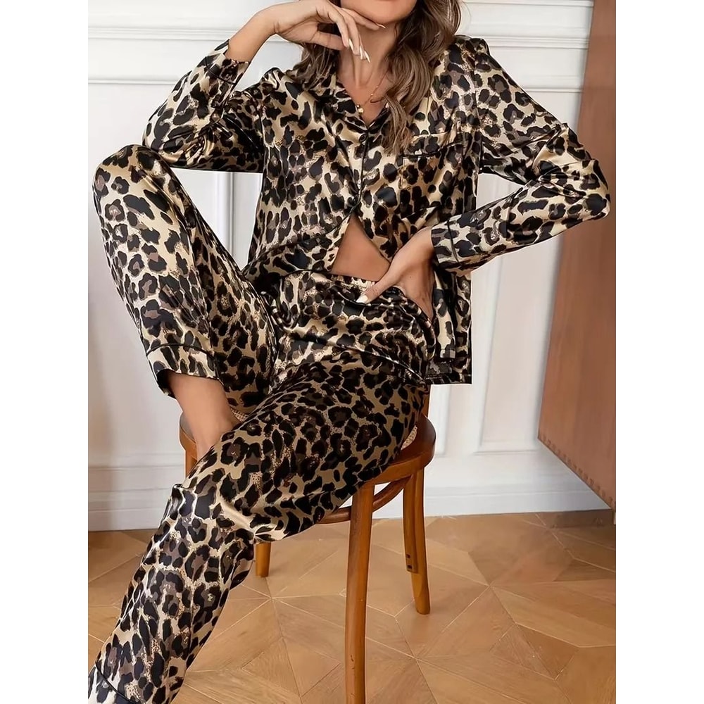 Leopard Print Satin Pajama Set Loose Long Sleeve Winter Sleepwear 4