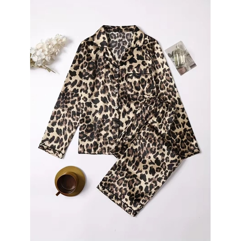 Leopard Print Satin Pajama Set Loose Long Sleeve Winter Sleepwear 5