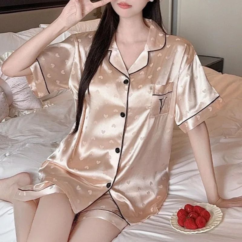 Elegant HeartPrint Satin Pajama Set ShortSleeve Summer Loungewear 4