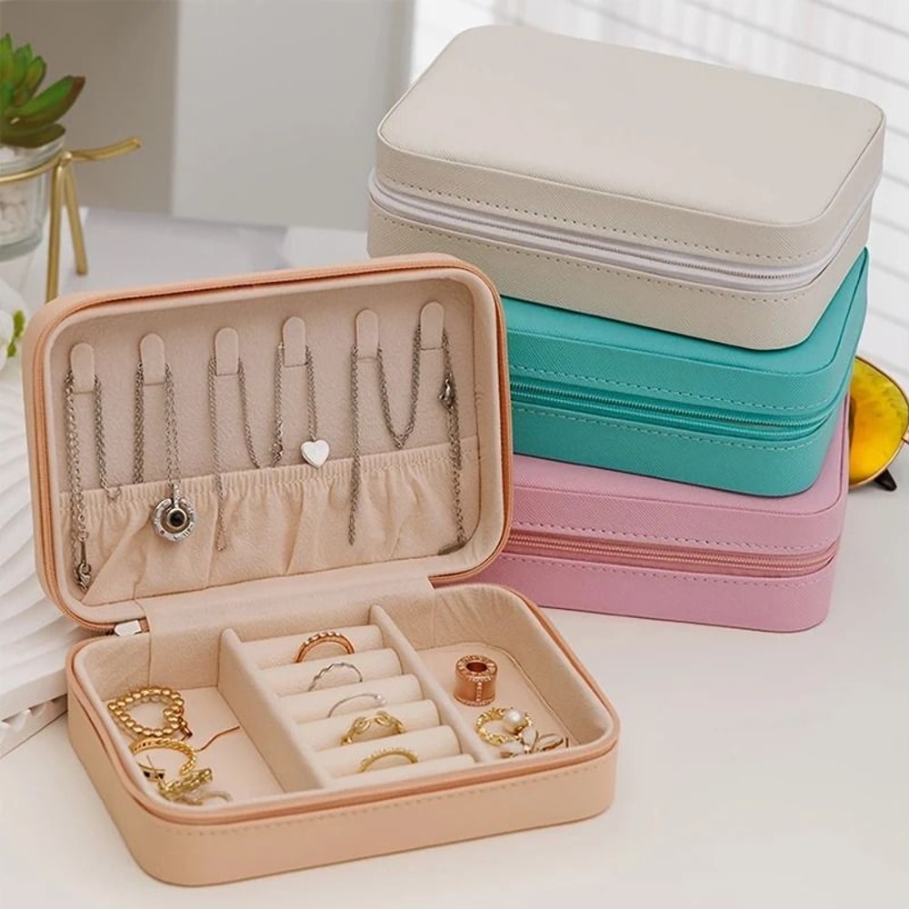 HeartShaped Travel Jewelry Box Portable Leather Zipper Organizer 0