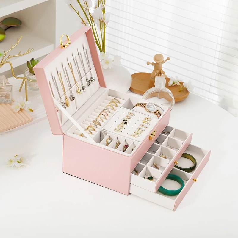 Rhomboid Round Lock ThreeLayer Jewelry Box Premium Leather Storage 0