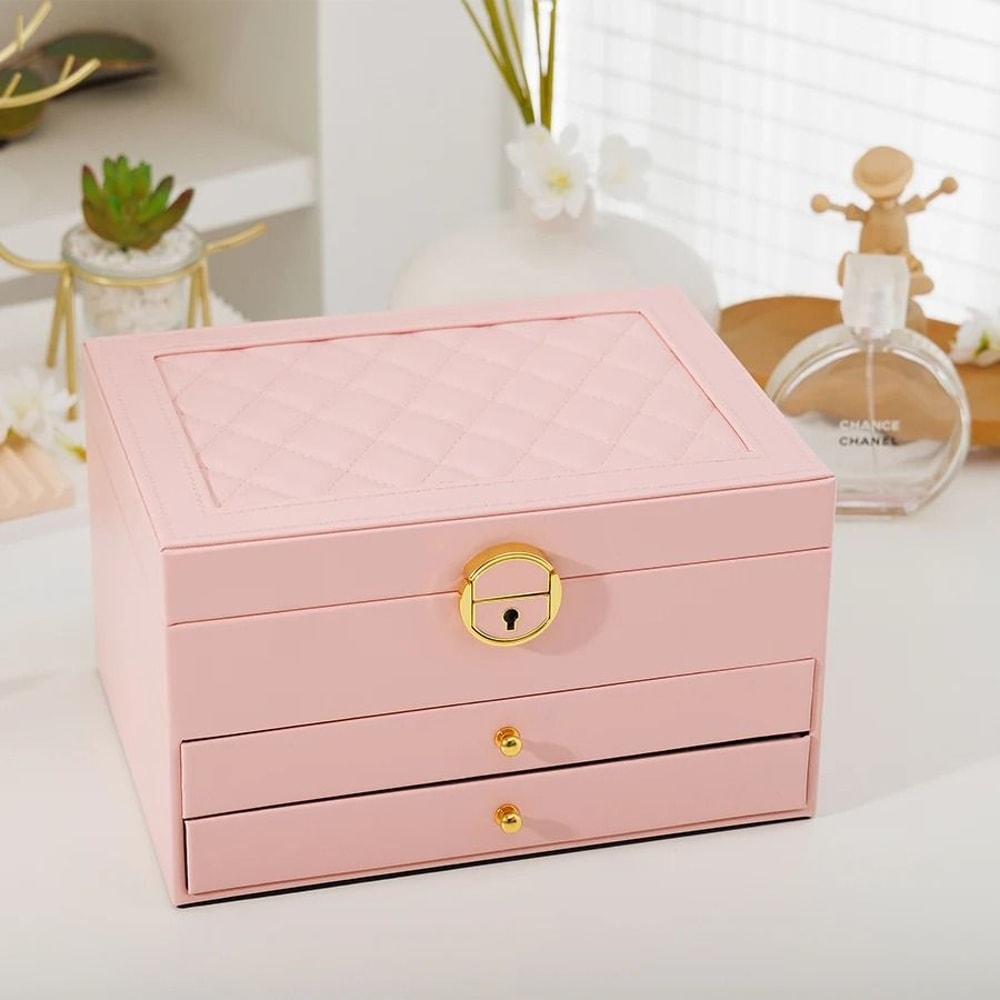 Rhomboid Round Lock ThreeLayer Jewelry Box Premium Leather Storage 9