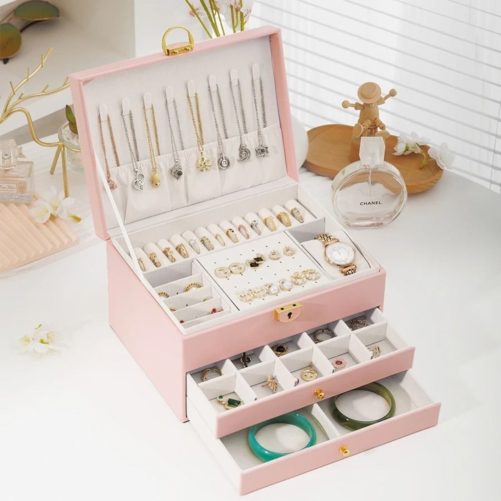 Rhomboid Round Lock ThreeLayer Jewelry Box Premium Leather Storage 4