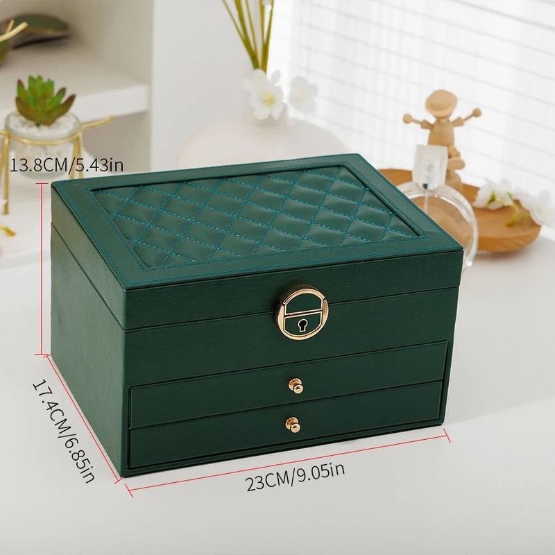 Rhomboid Round Lock ThreeLayer Jewelry Box Premium Leather Storage 5