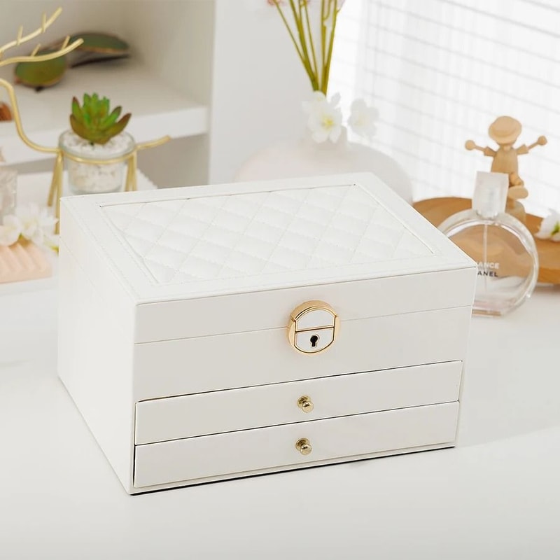 Rhomboid Round Lock ThreeLayer Jewelry Box Premium Leather Storage 6