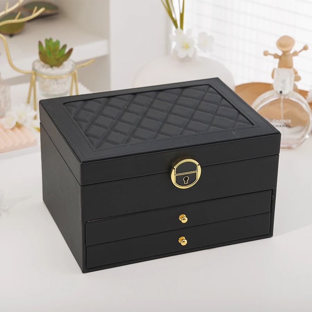 Rhomboid Round Lock ThreeLayer Jewelry Box Premium Leather Storage 7