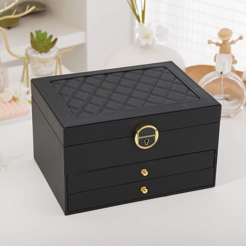 Rhomboid Round Lock ThreeLayer Jewelry Box Premium Leather Storage 7