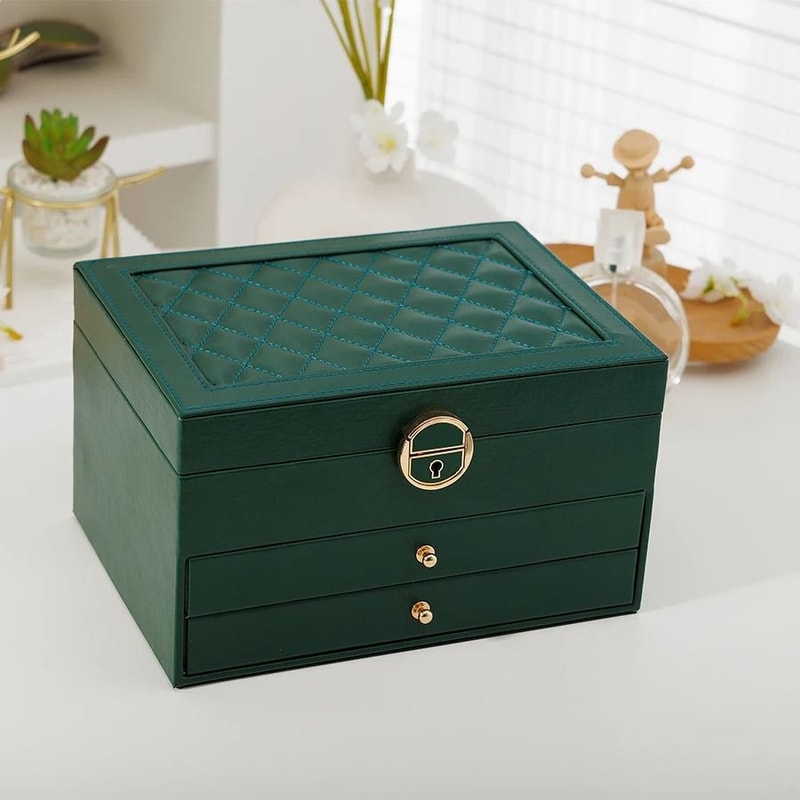 Rhomboid Round Lock ThreeLayer Jewelry Box Premium Leather Storage 8