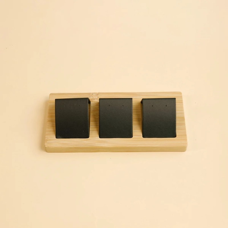 Bamboo Wood Earring Display Stand Velvet PU Leather Jewelry Tray 12