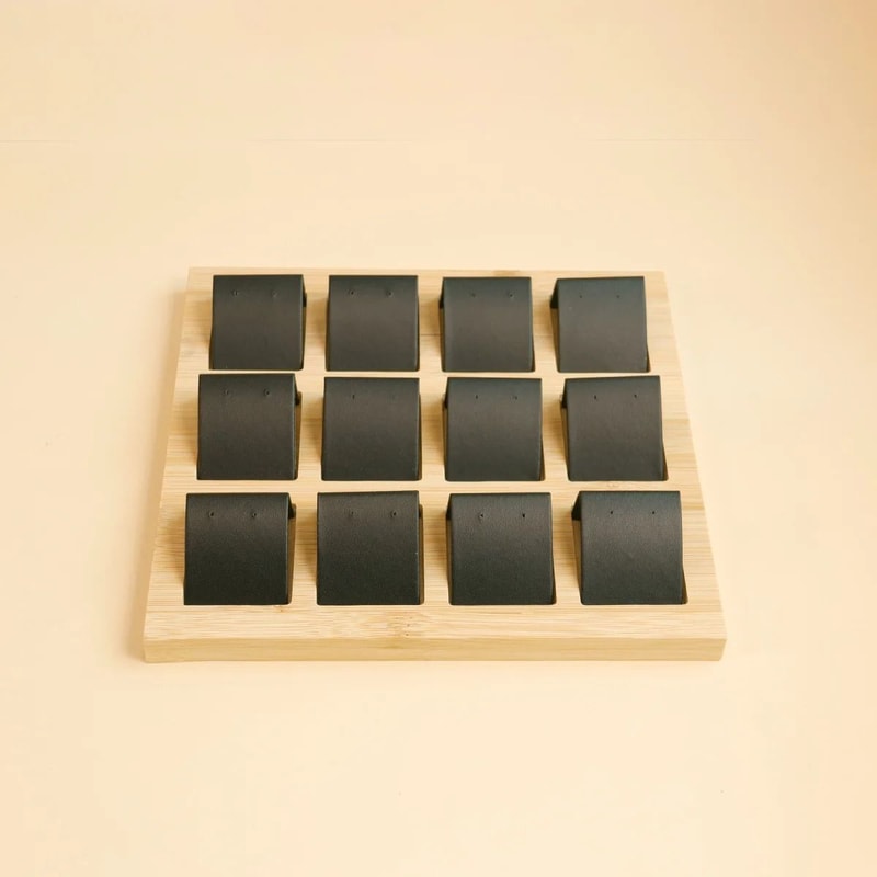 Bamboo Wood Earring Display Stand Velvet PU Leather Jewelry Tray 13