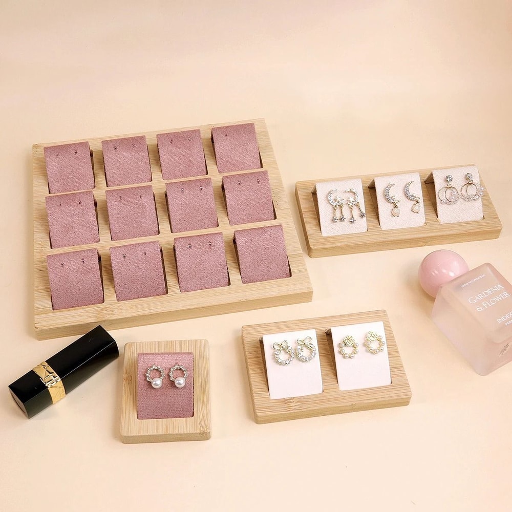 Bamboo Wood Earring Display Stand Velvet PU Leather Jewelry Tray 2