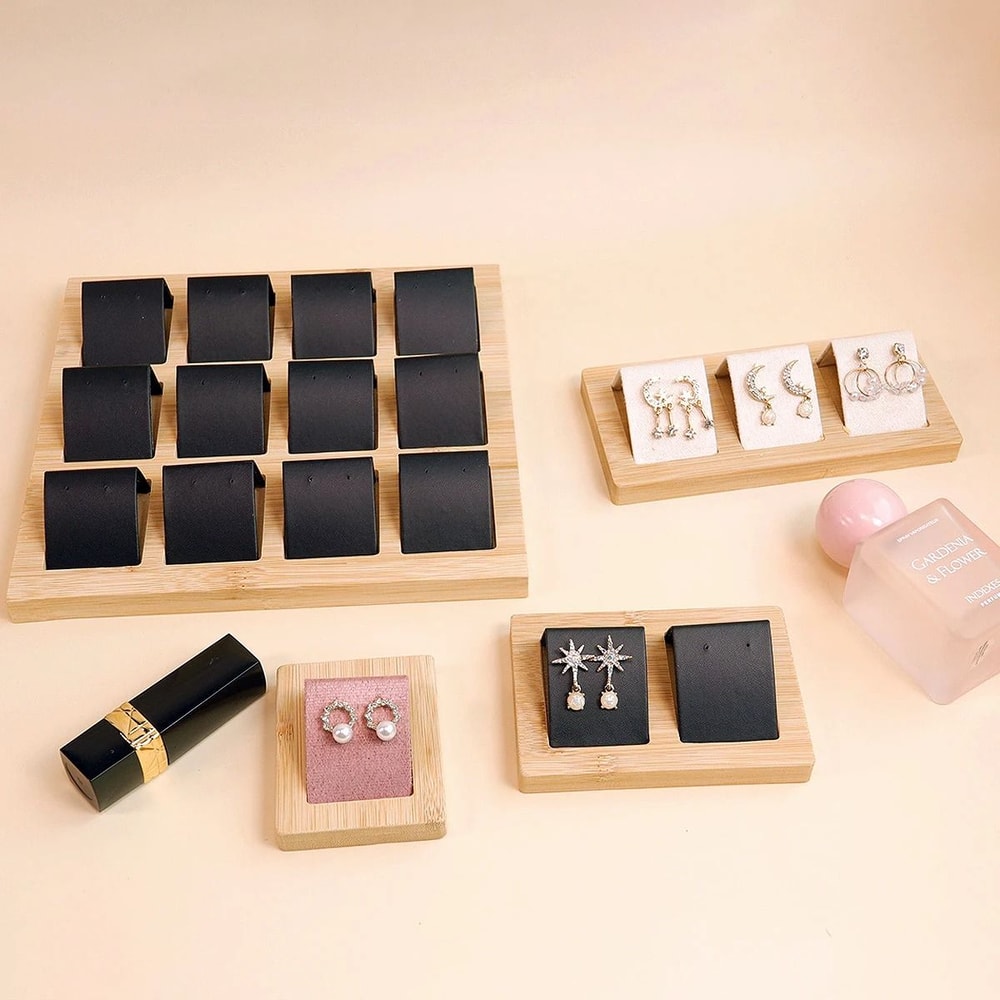 Bamboo Wood Earring Display Stand Velvet PU Leather Jewelry Tray 3