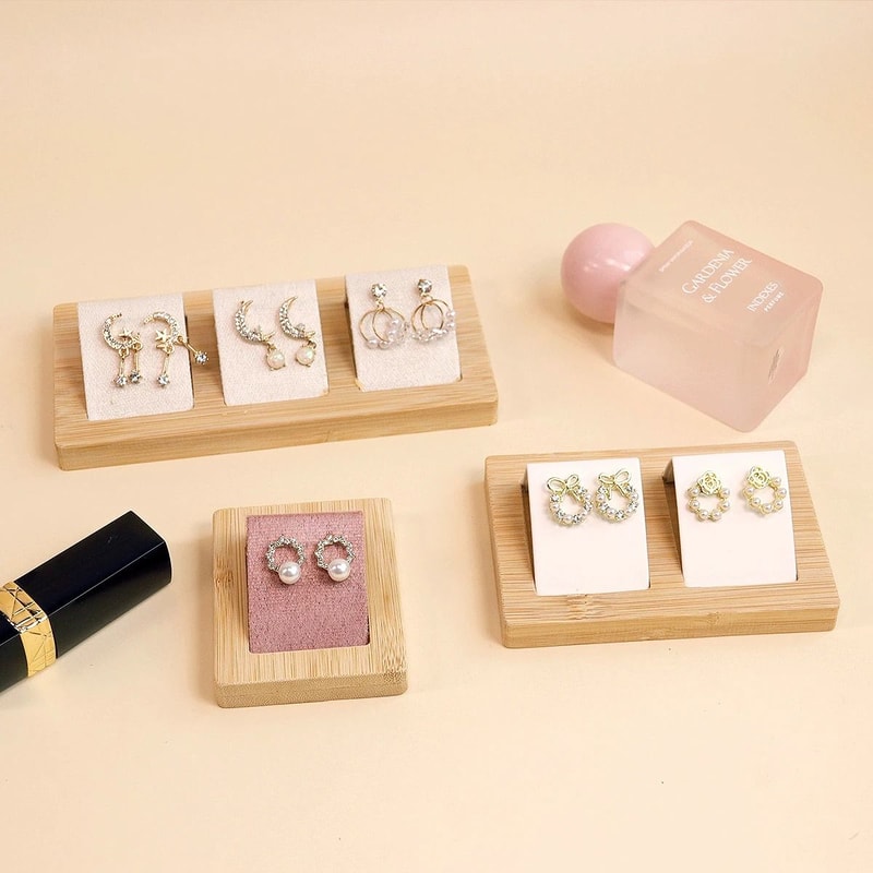 Bamboo Wood Earring Display Stand Velvet PU Leather Jewelry Tray 5
