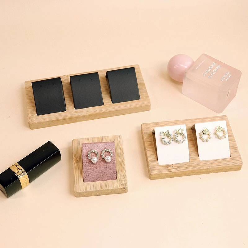 Bamboo Wood Earring Display Stand Velvet PU Leather Jewelry Tray 6