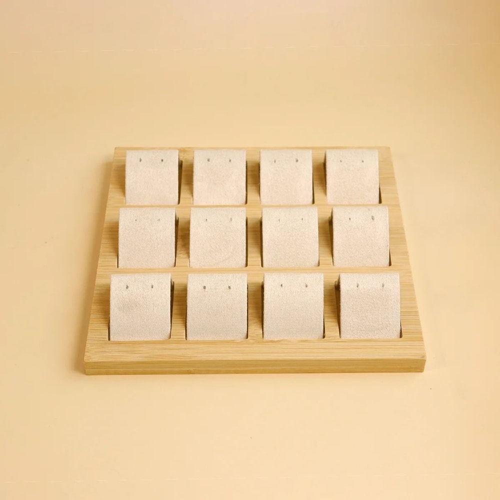 Bamboo Wood Earring Display Stand Velvet PU Leather Jewelry Tray 7