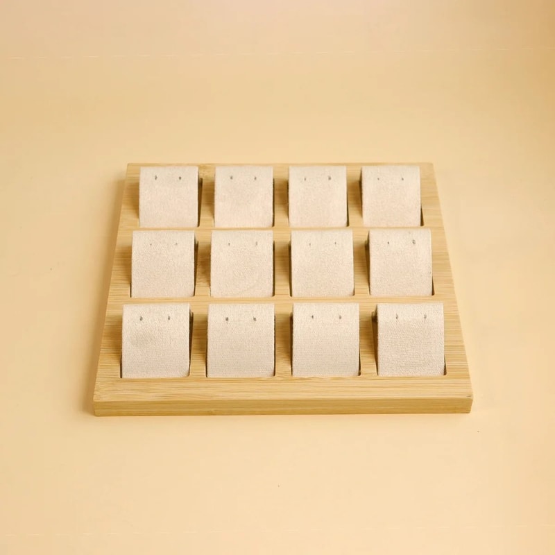 Bamboo Wood Earring Display Stand Velvet PU Leather Jewelry Tray 7