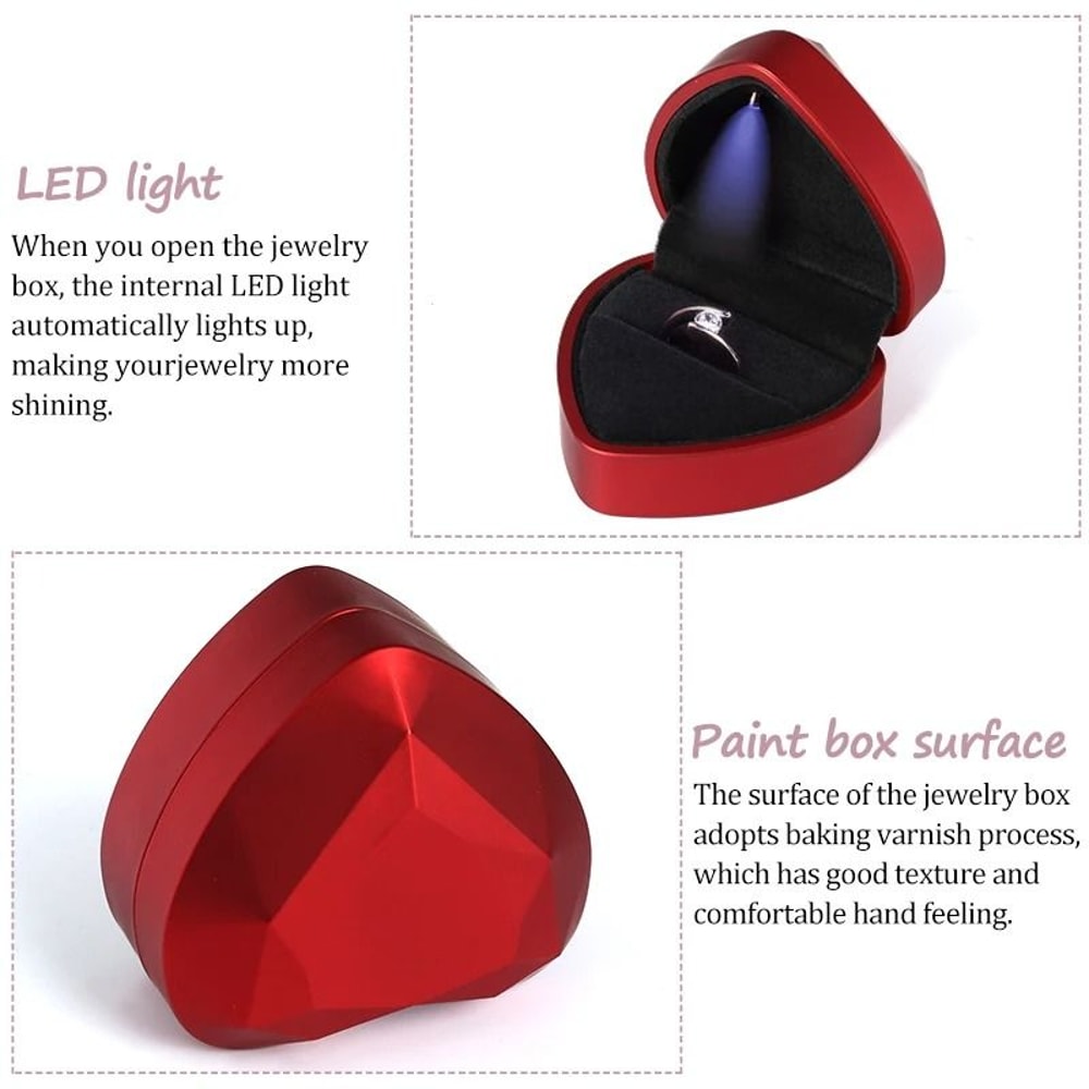 LED Lighted Jewelry Box Heart Square Velvet Proposal Cases 2