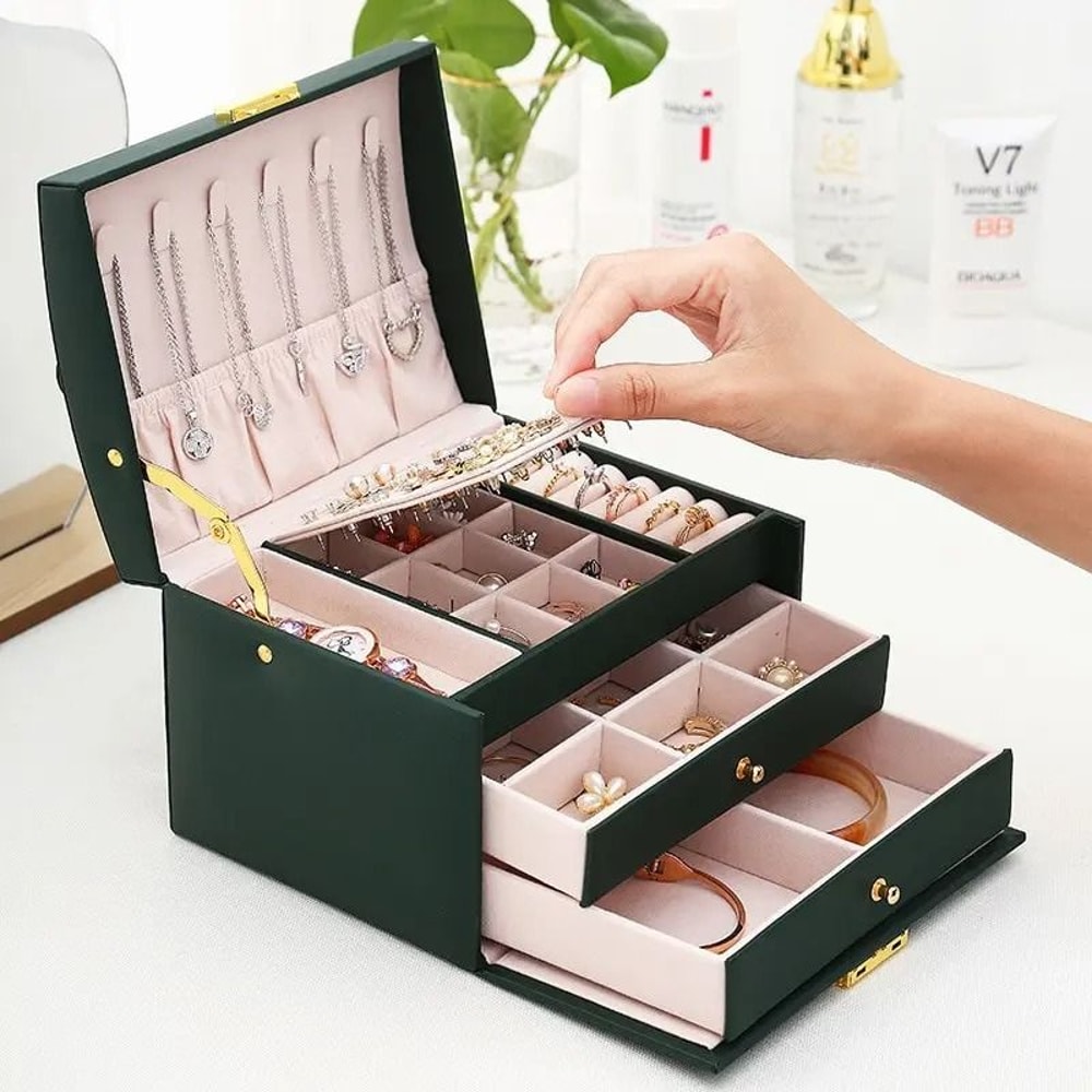 Exquisite ThreeLayer Leather Jewelry Box Professional MultiPurpose Storage 0