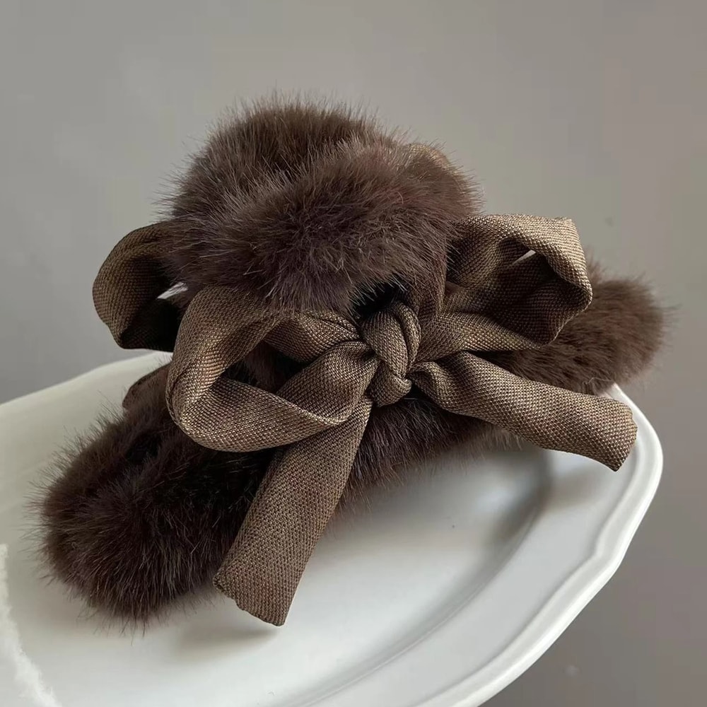 Plush Velvet Rabbit Fur Bow Shark Clip 3