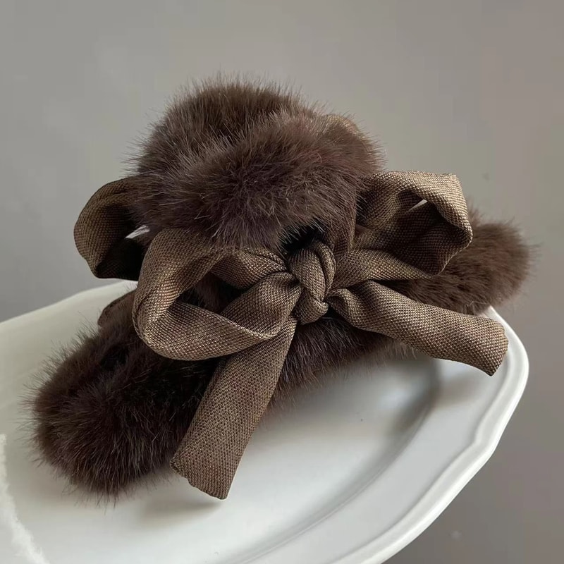 Plush Velvet Rabbit Fur Bow Shark Clip 3