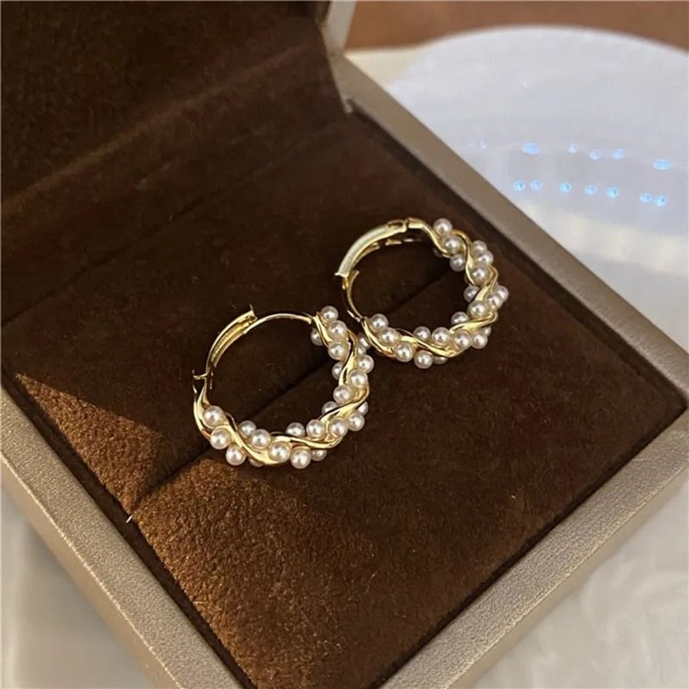 French Imitation Pearl Round Hoop Earrings 3