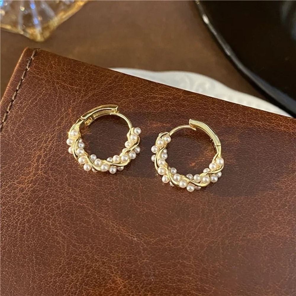 French Imitation Pearl Round Hoop Earrings 4