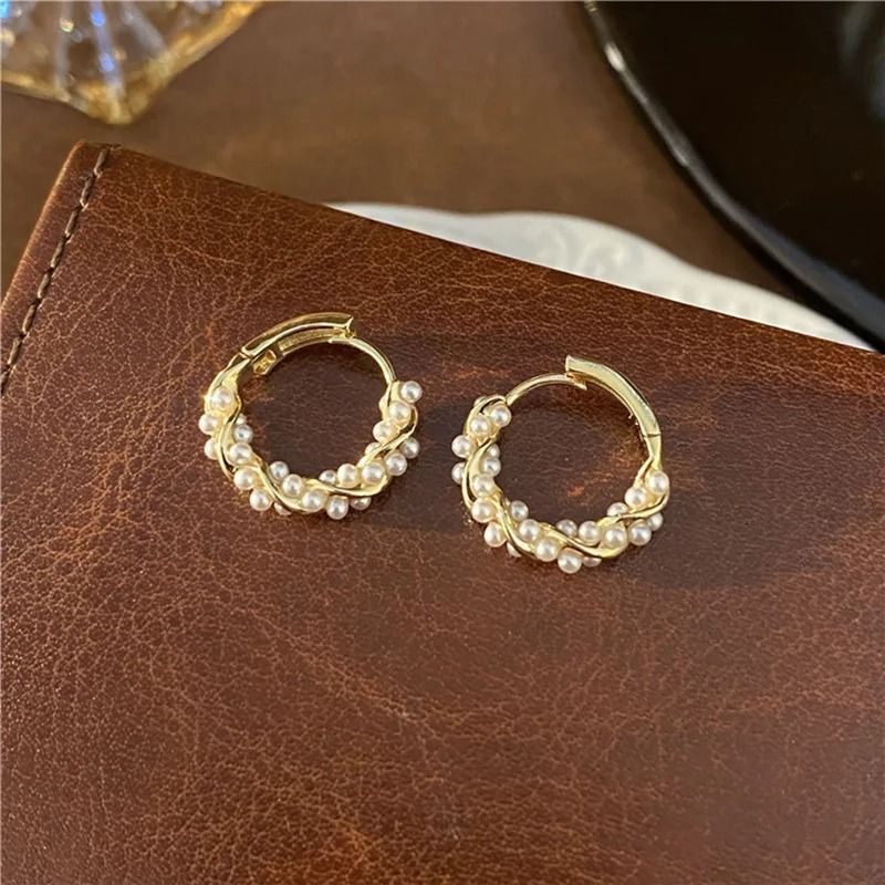 French Imitation Pearl Round Hoop Earrings 4