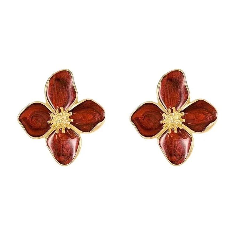 Korean Retro Drip Glaze Red Flower Earrings 3