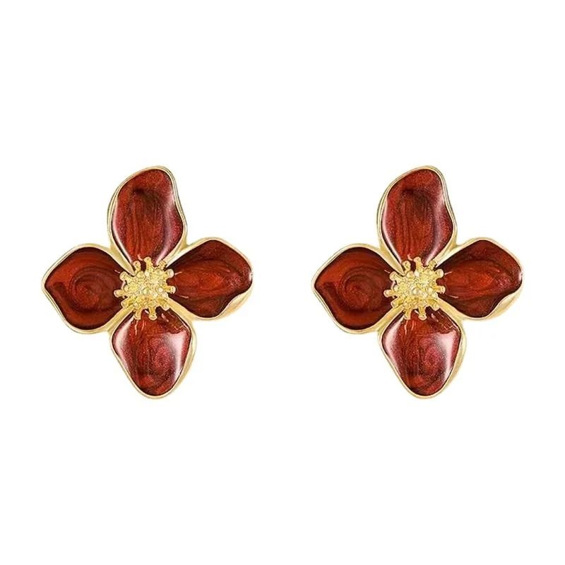 Korean Retro Drip Glaze Red Flower Earrings 3