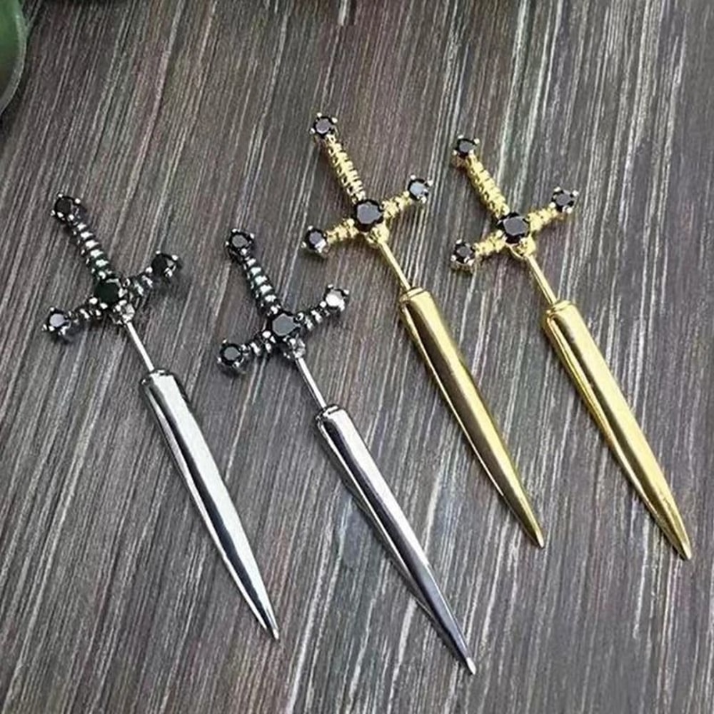 Hip Hop Cross Sword Crystal Stud Earrings 1