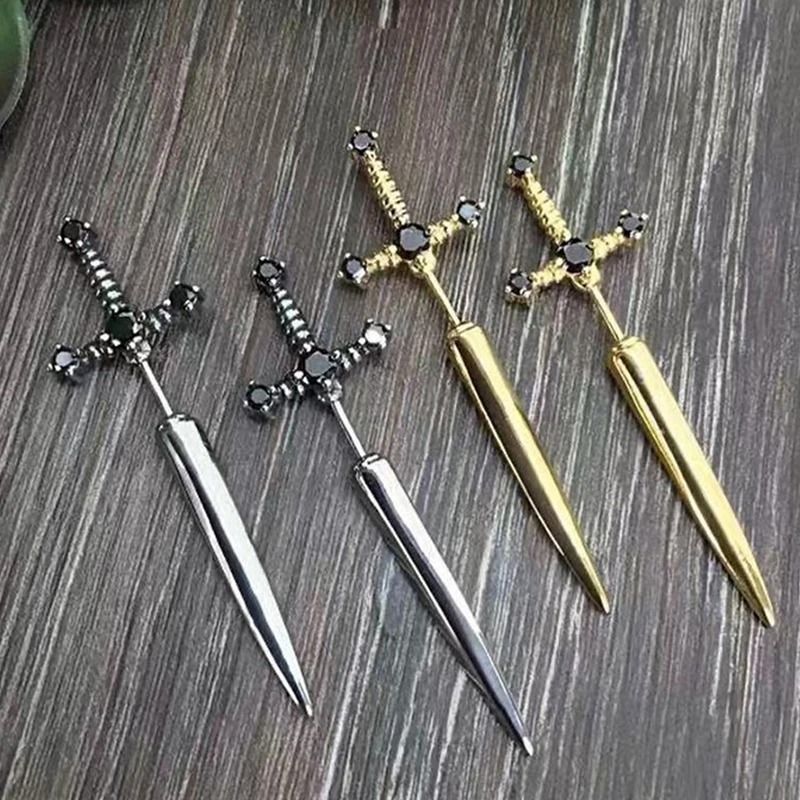 Hip Hop Cross Sword Crystal Stud Earrings 1