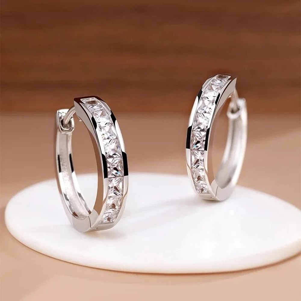 925 Sterling Silver Shining Zircon Hoop Earrings 0