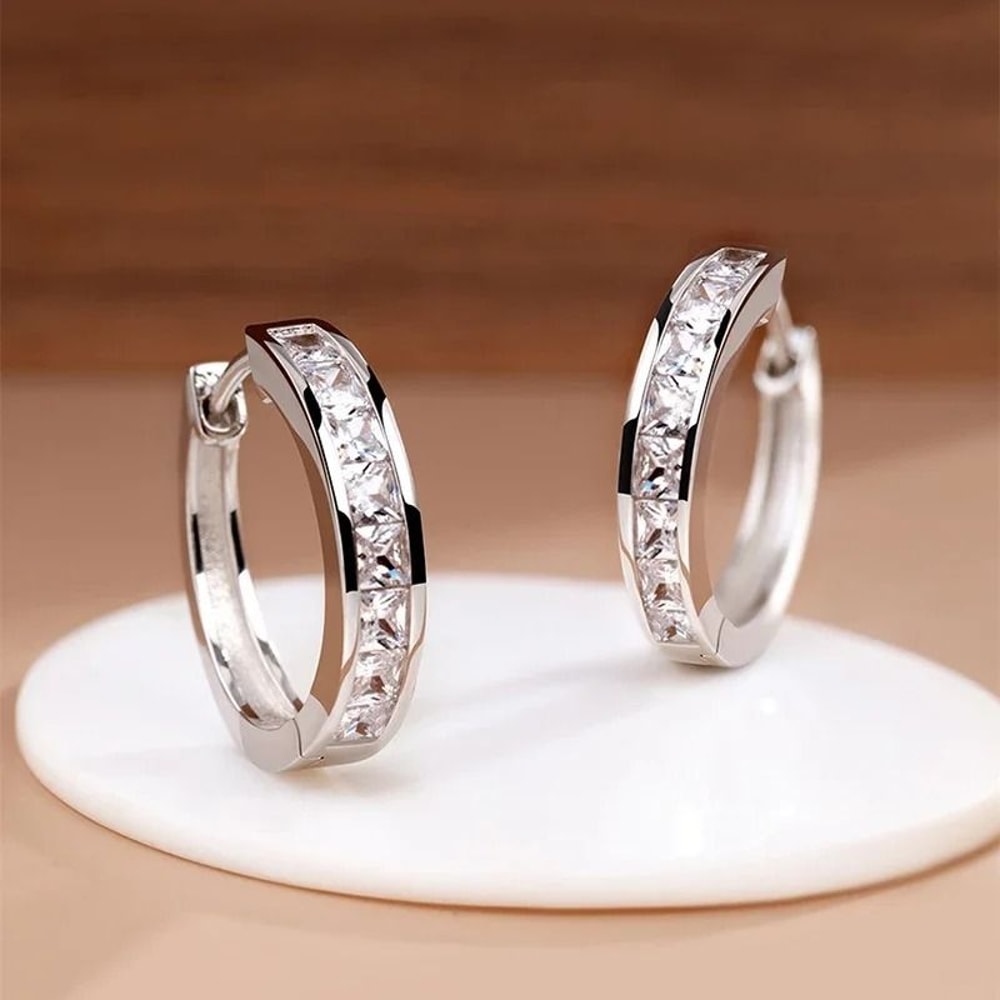 925 Sterling Silver Shining Zircon Hoop Earrings 6