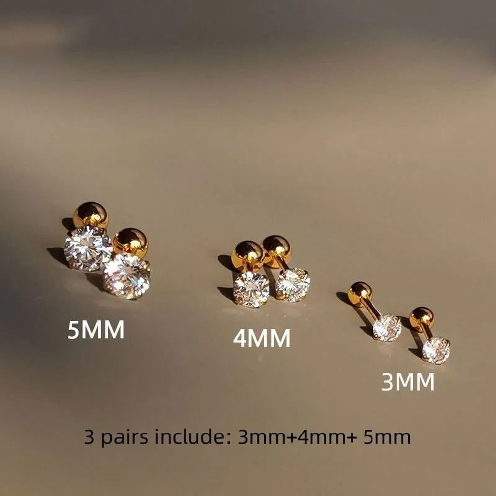 3Pair Classic Cubic Zirconia ScrewBack Stud Set 6