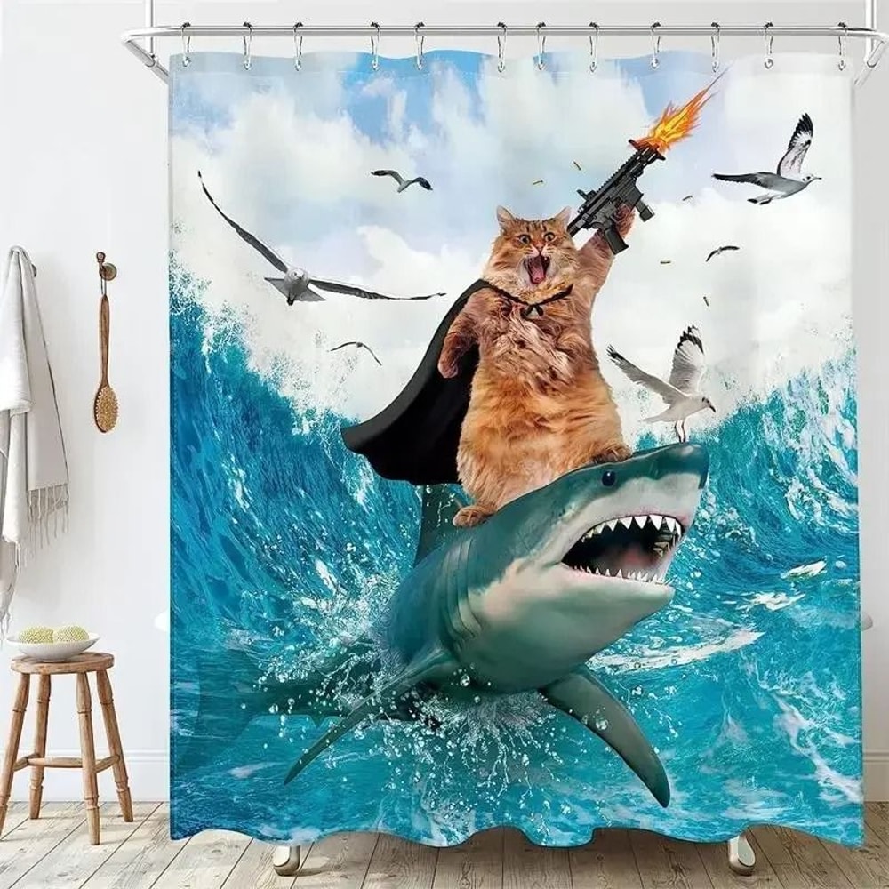 Creative Kids Cat Riding Dinosaur Shower Curtain 11