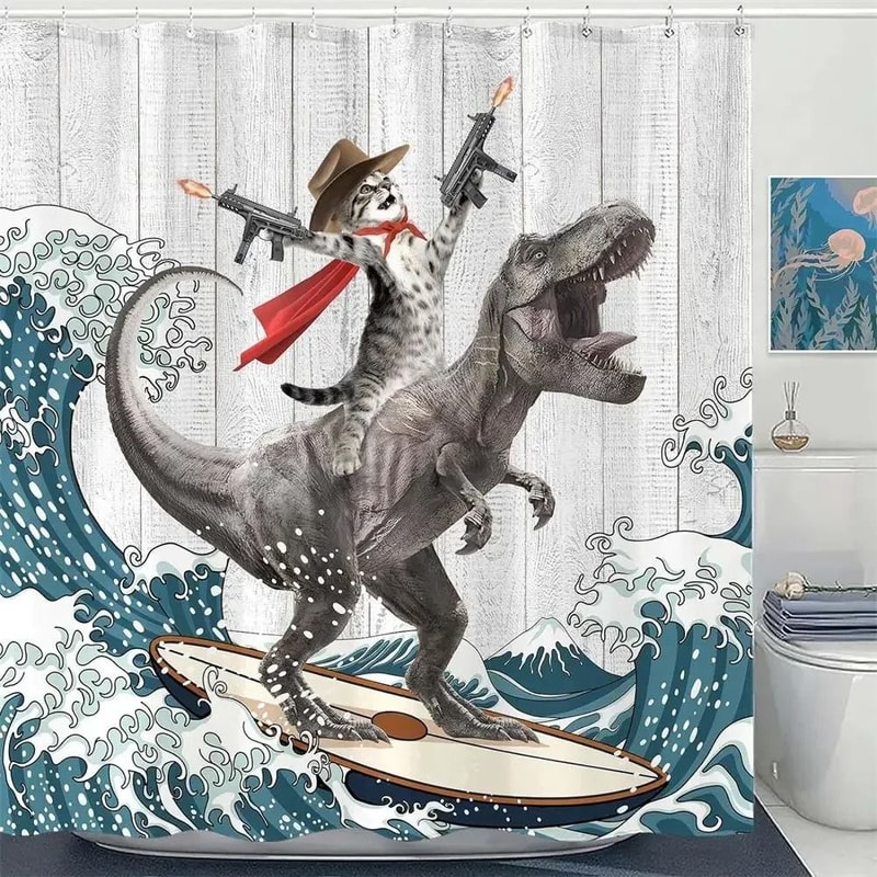 Creative Kids Cat Riding Dinosaur Shower Curtain 13