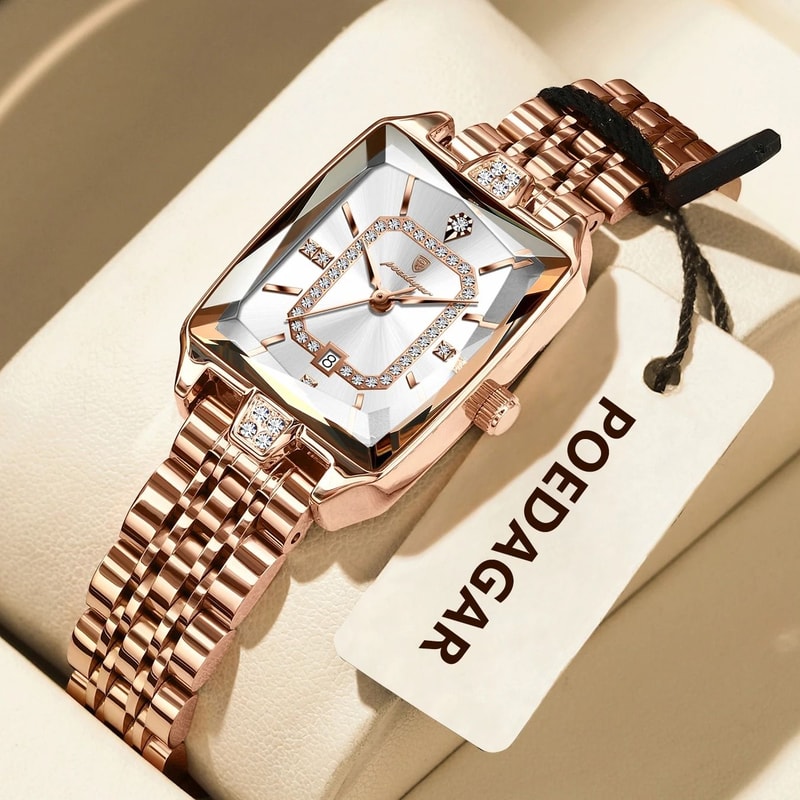 Rectangle Luxury Quartz Watch Waterproof Stainless Steel Timepiece With Calendar For Women 12