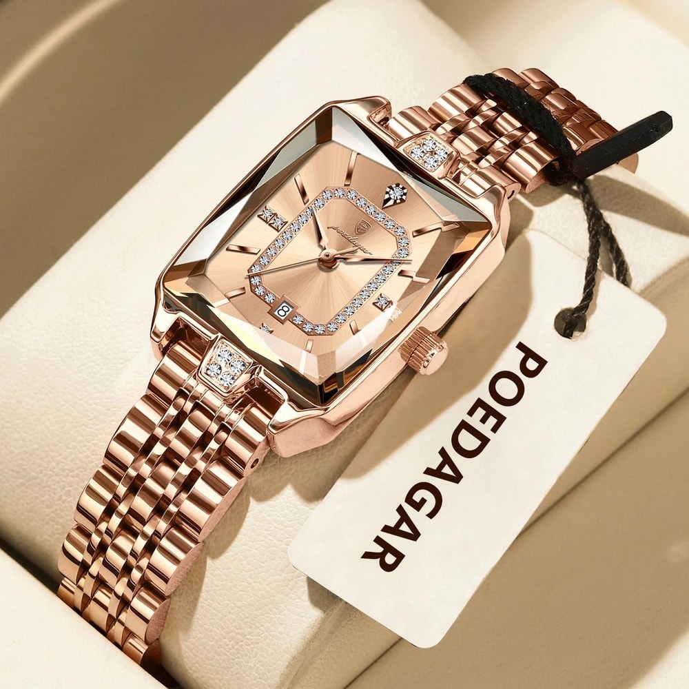 Rectangle Luxury Quartz Watch Waterproof Stainless Steel Timepiece With Calendar For Women 8