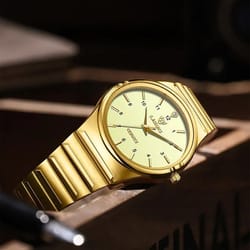 luxury golden stainless steel quartz watch – elegant japan movement wristwatch for men and women