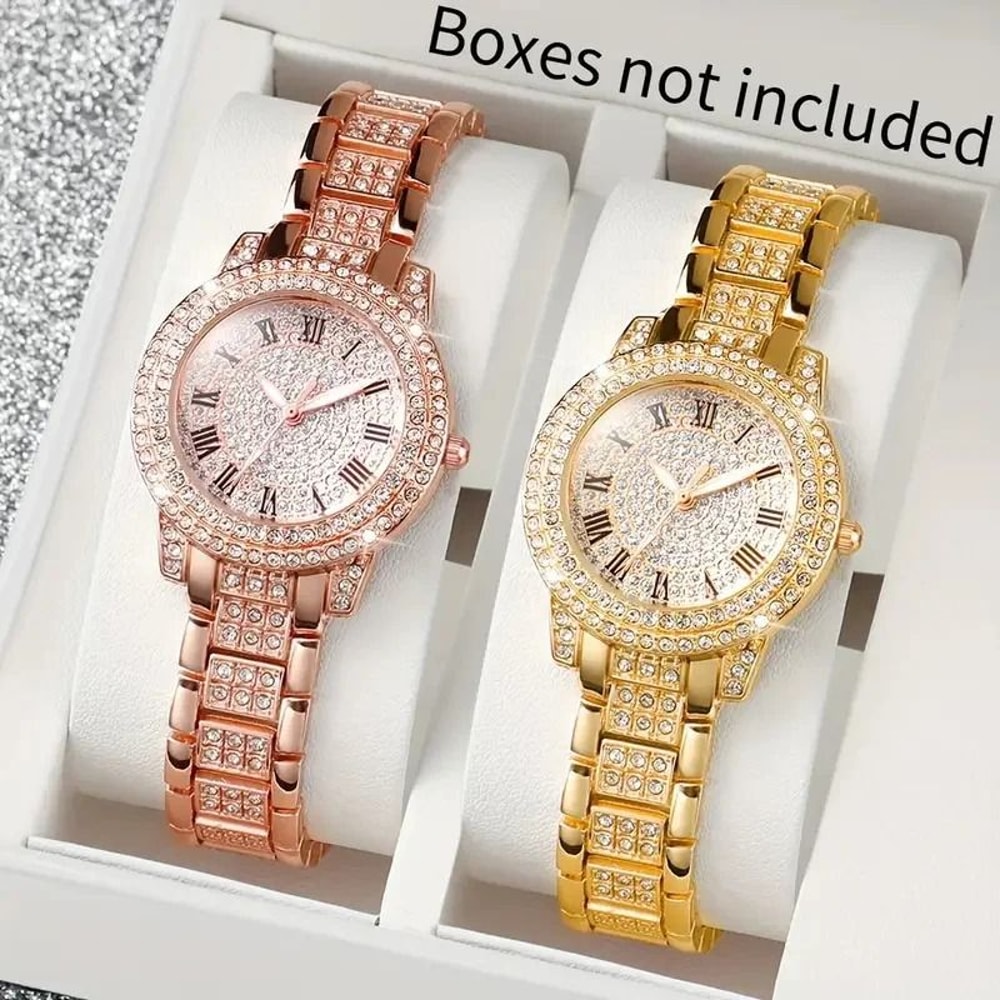 Luxury Roman Numeral Full Diamond Watch Gift Set Elegant Alloy Quartz Timepiece And Matching Jewel 0