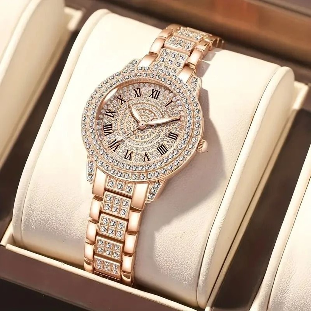 Luxury Roman Numeral Full Diamond Watch Gift Set Elegant Alloy Quartz Timepiece And Matching Jewel 1