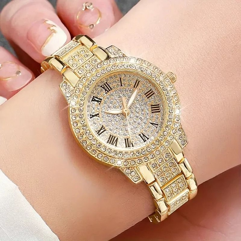 Luxury Roman Numeral Full Diamond Watch Gift Set Elegant Alloy Quartz Timepiece And Matching Jewel 2
