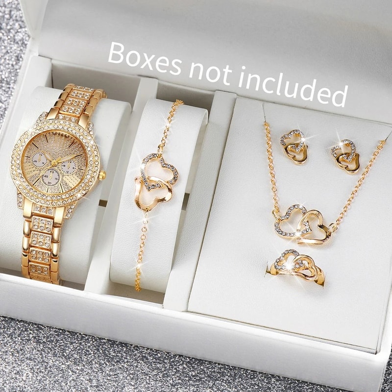 Luxury 6Piece Full Diamond Watch Heart Jewelry Set Elegant ThreeEye Dial Timepiece And Matching A