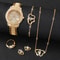 Luxury 6Piece Full Diamond Watch Heart Jewelry Set Elegant ThreeEye Dial Timepiece And Matching A