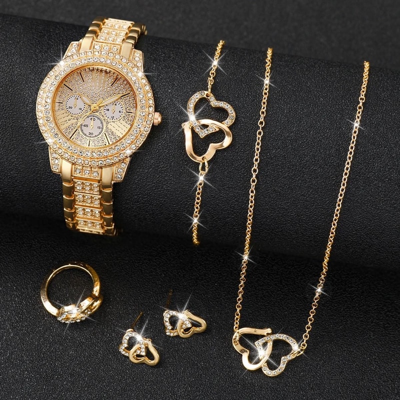 Luxury 6Piece Full Diamond Watch Heart Jewelry Set Elegant ThreeEye Dial Timepiece And Matching A