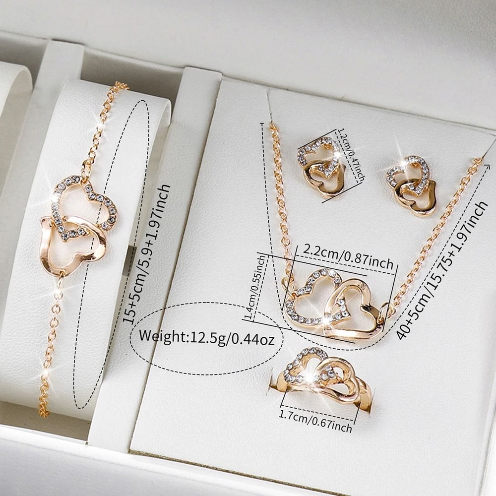 Luxury 6Piece Full Diamond Watch Heart Jewelry Set Elegant ThreeEye Dial Timepiece And Matching A