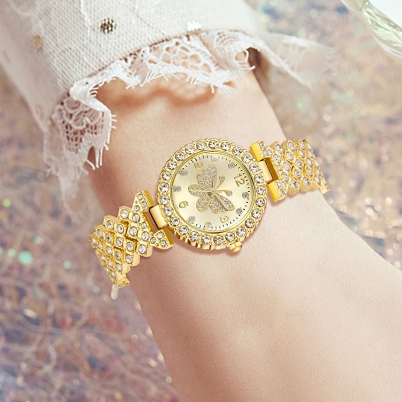 Golden Butterfly Luxury Quartz Watch Set 4Piece Trendy Fashion Bracelet Collection For Effortless 4