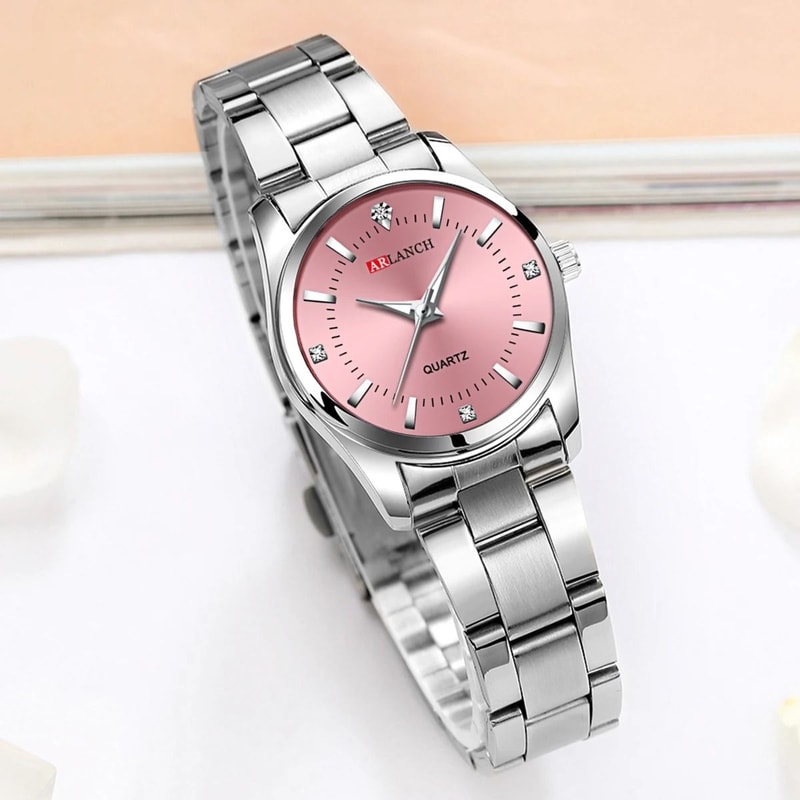 Rhinestone Minimalist Watch Fashionable Stainless Steel Pink Dial Timepiece For Outdoor And Travel 1
